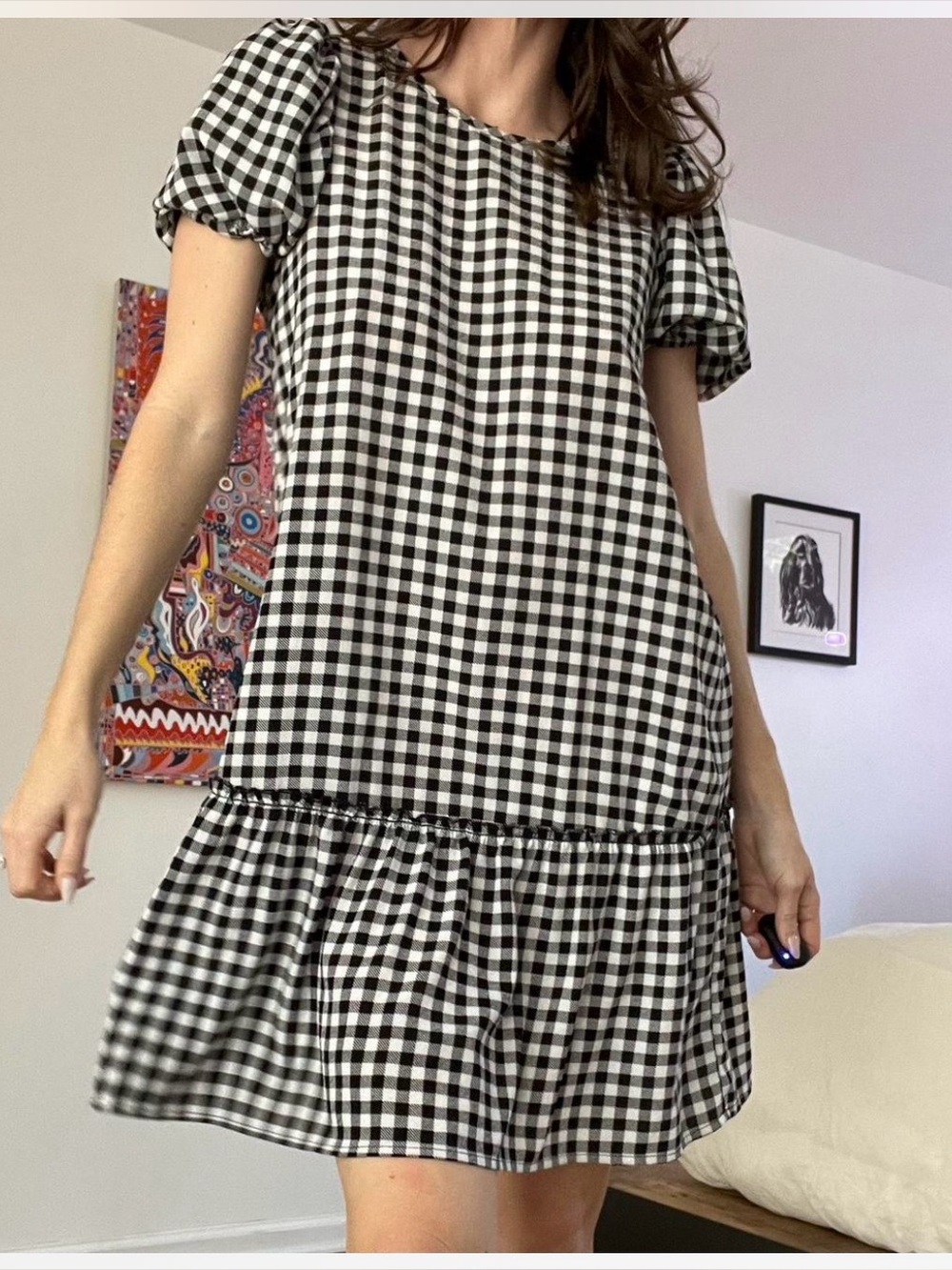2 for $20 sale: H&M divided black white checkered gingham loose dress short puff